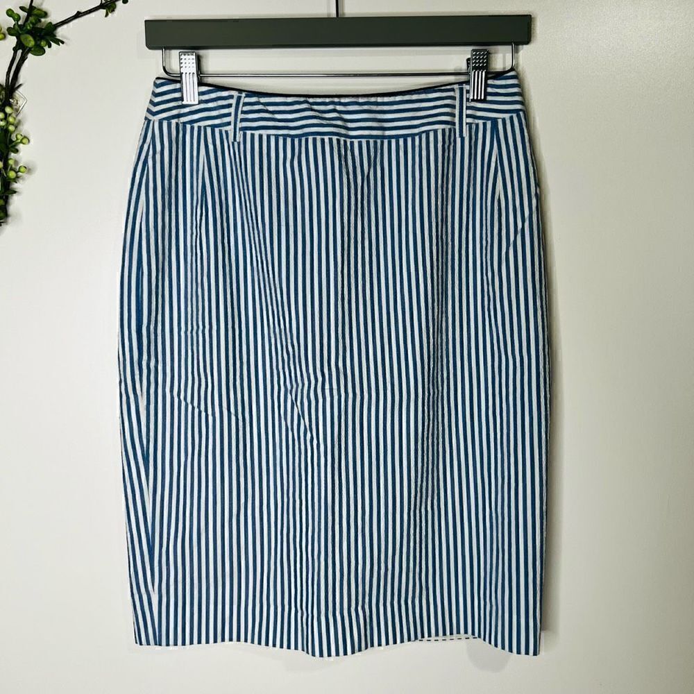 Elegance Paris Blue White Stripe Seersucker Pencil Straight Skirt Nautical